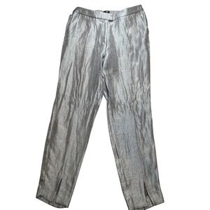 HM Womens Silver Metallic Straight Leg Trousers High Waist Ankle‎ Slit Size 10